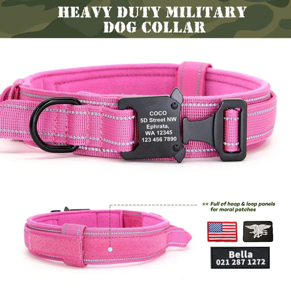 Personalized Military Tactical Dog Collar – Custom Engraved Nylon Training Collar with Handle for Medium & Large Dogs