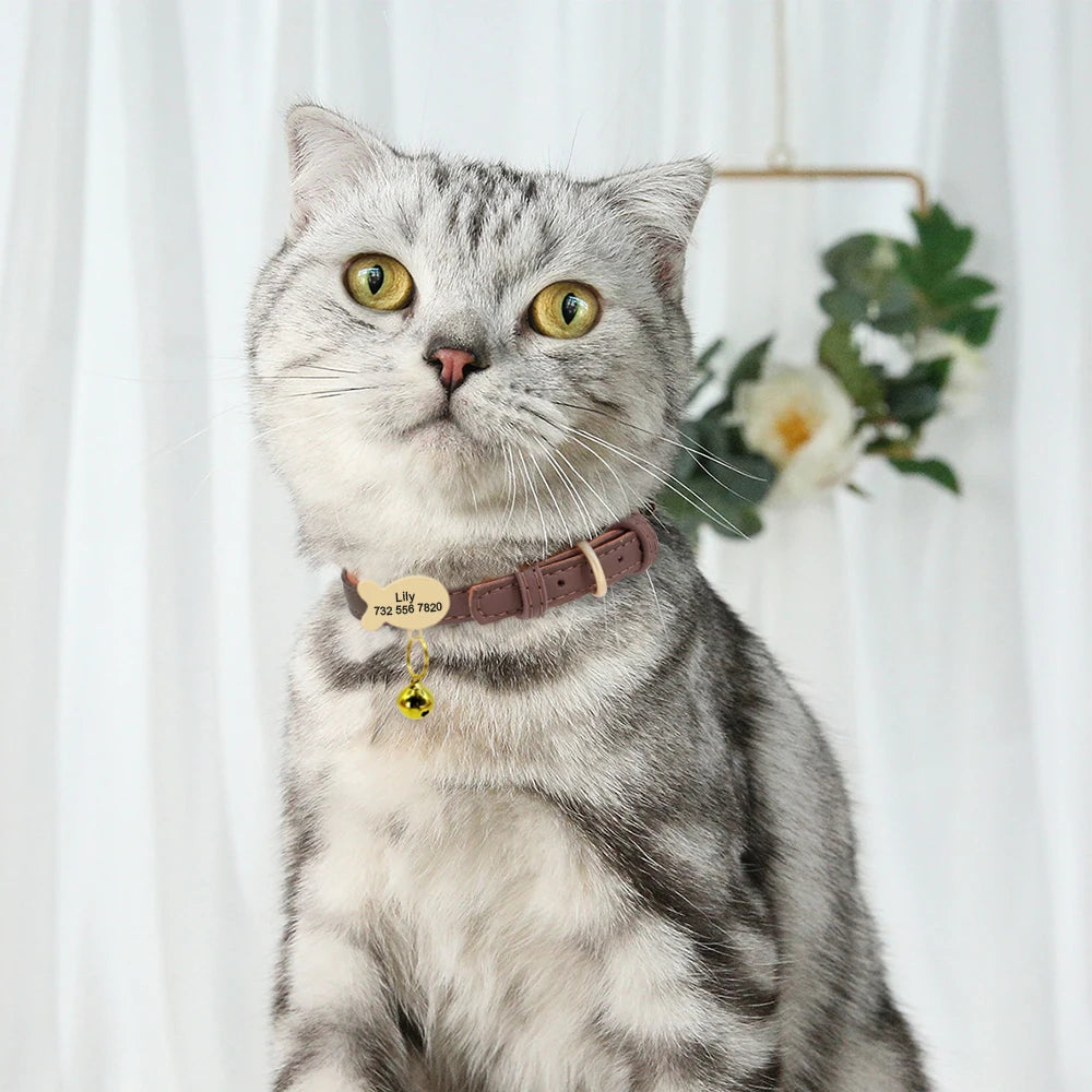 Personalized Leather Cat Collar – Custom Engraved Nameplate with Bell – Adjustable for Kittens, Cats & Small Dogs