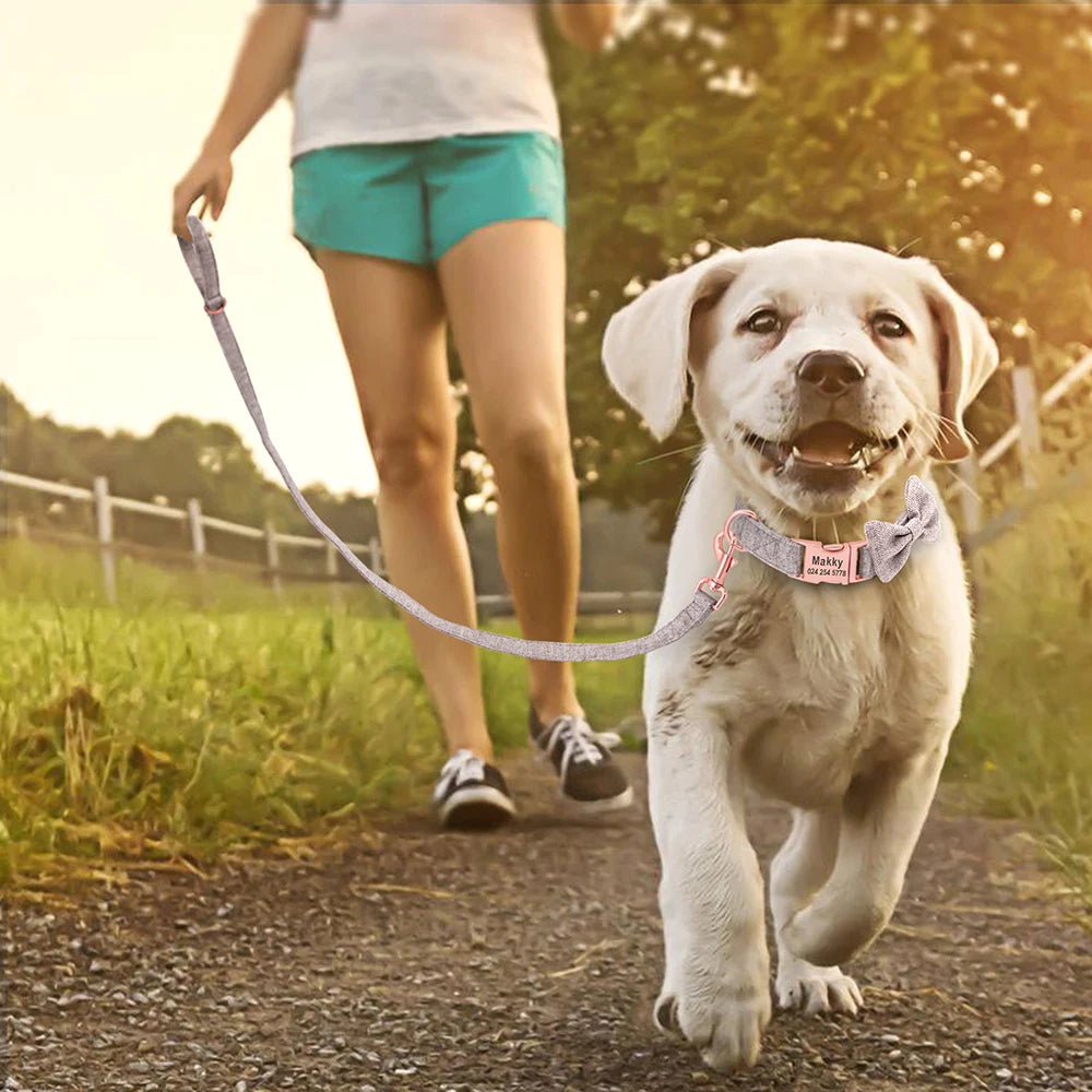 Customized Dog Collar & Leash Set – Personalized Pet Collars with Bowtie & Free Engraving