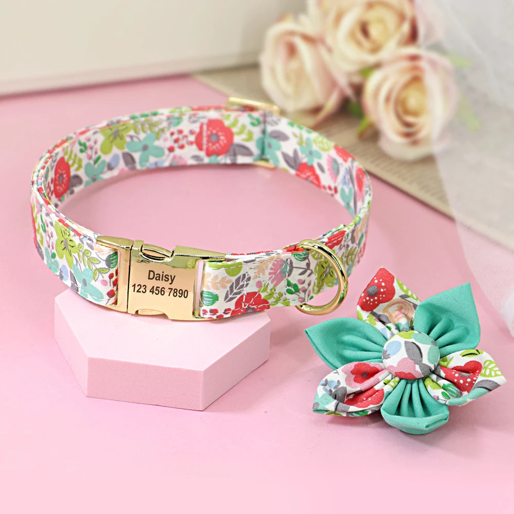 Personalized Dog Collar with Flower Print – Custom Engraved Nameplate | Adjustable Nylon Pet ID Collar for Small, Medium & Large Dogs
