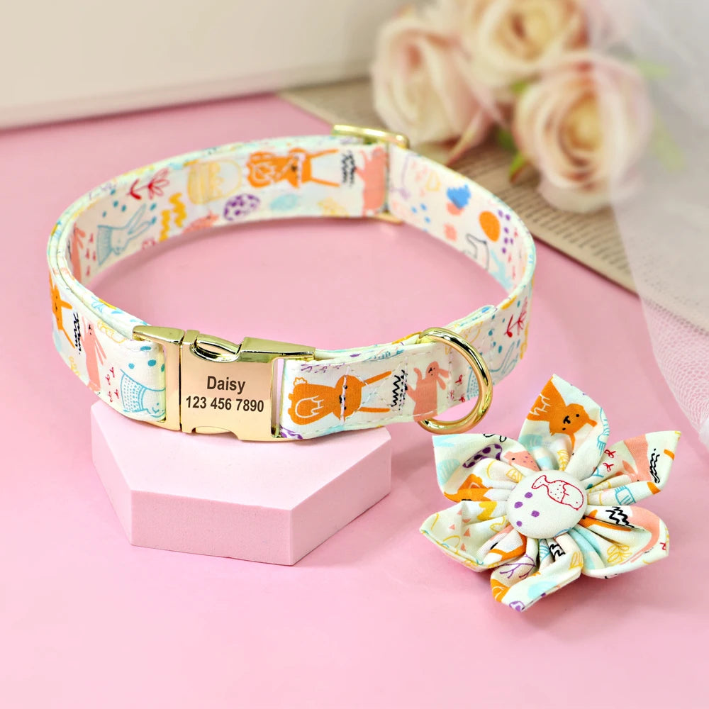 Personalized Dog Collar with Flower Print – Custom Engraved Nameplate | Adjustable Nylon Pet ID Collar for Small, Medium & Large Dogs