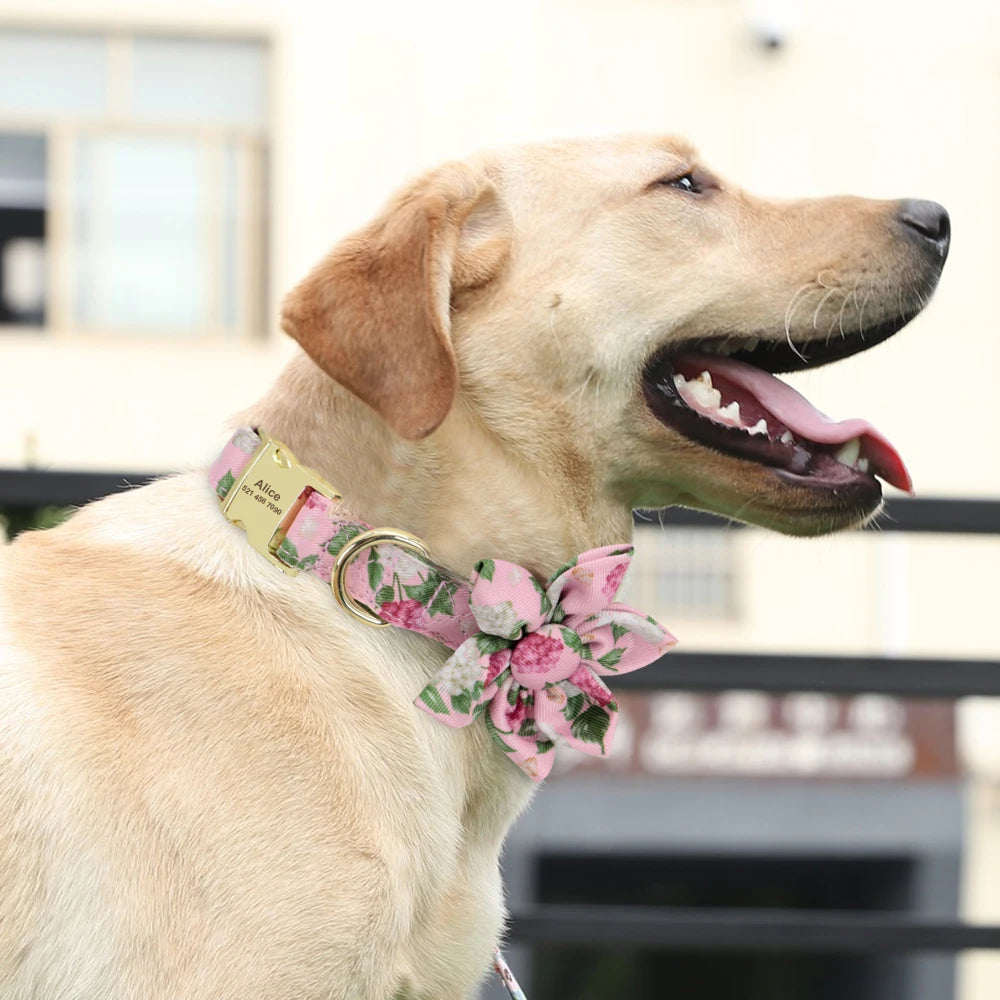Personalized Dog Collar with Flower Print – Custom Engraved Nameplate | Adjustable Nylon Pet ID Collar for Small, Medium & Large Dogs
