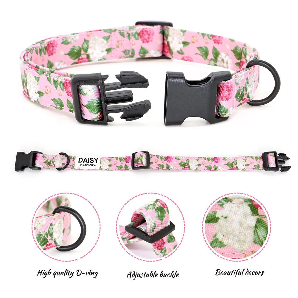 Customized Nylon Dog Collar – Floral Printed Personalized ID Tag for Dogs & Cats