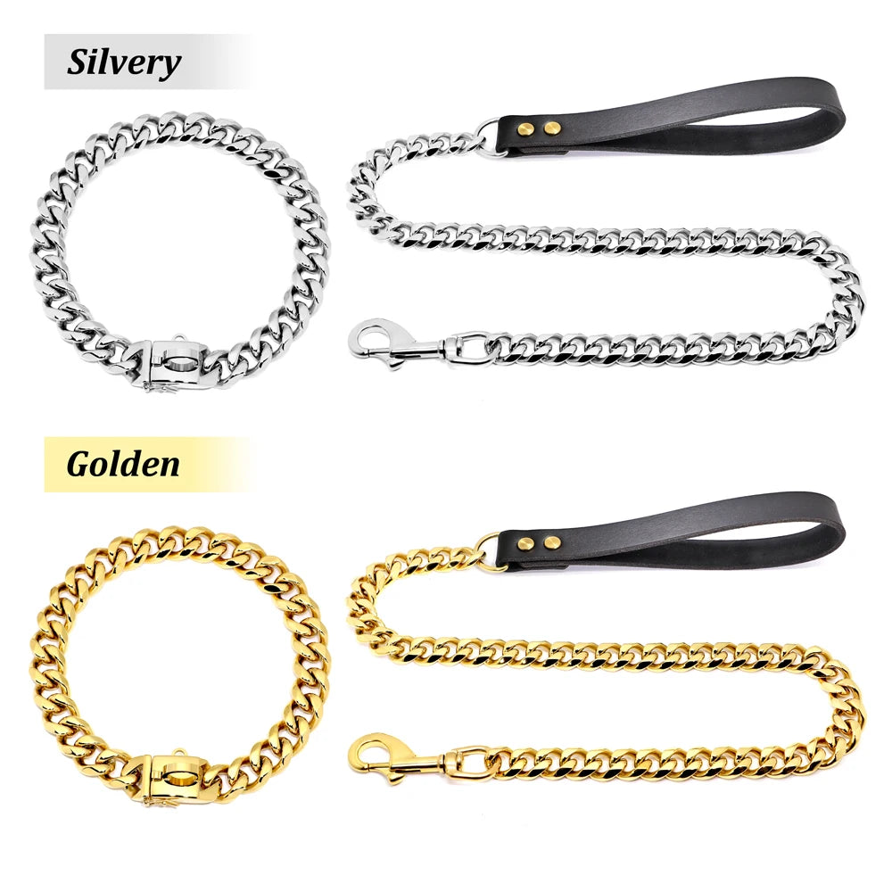 Stainless Steel Dog Chain Collar & Leash Set – Heavy Duty Training Collar for Medium & Large Dogs