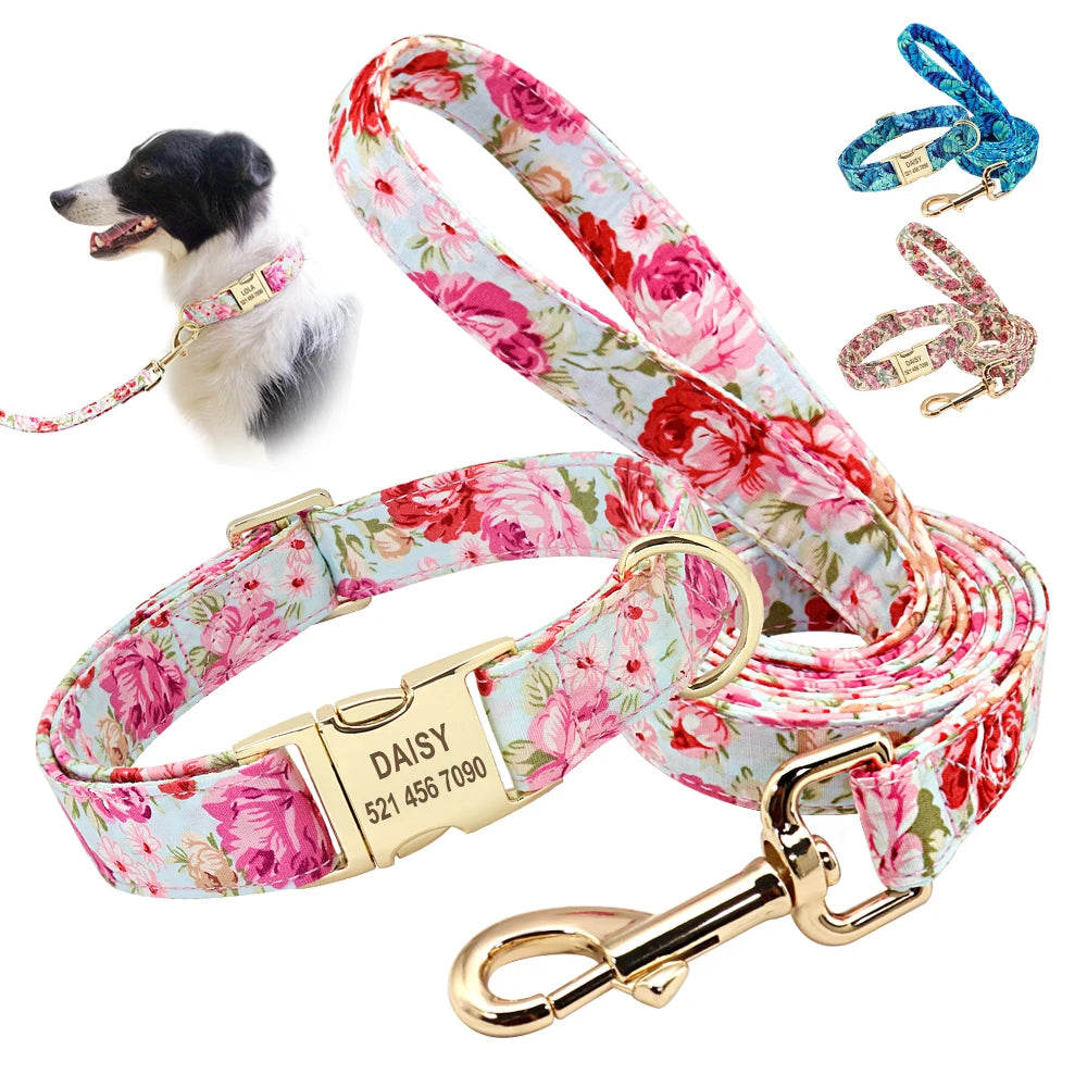 Personalized Printed Dog Collar Leash Set - Custom Nylon Collar & Leash with Free Engraved Nameplate for Small, Medium, and Large Dogs