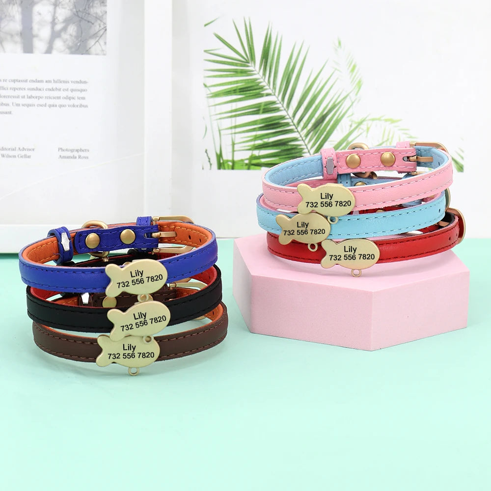 Personalized Leather Cat Collar – Custom Engraved Nameplate with Bell – Adjustable for Kittens, Cats & Small Dogs