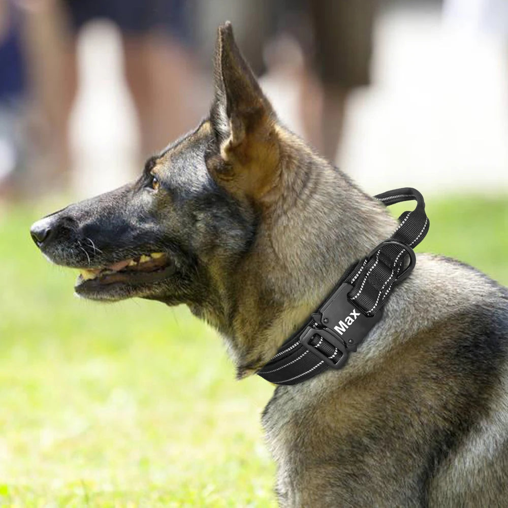 Personalized Military Tactical Dog Collar – Custom Engraved Nylon Training Collar with Handle for Medium & Large Dogs