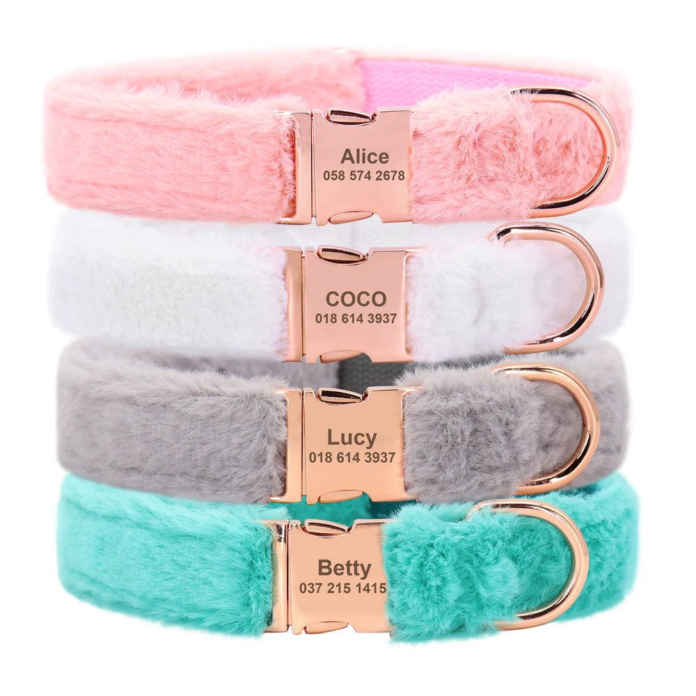 Soft Personalized Dog Collar – Winter Warm Fur Customized ID Collars for Small, Medium & Large Dogs (French Bulldog, Chihuahua)