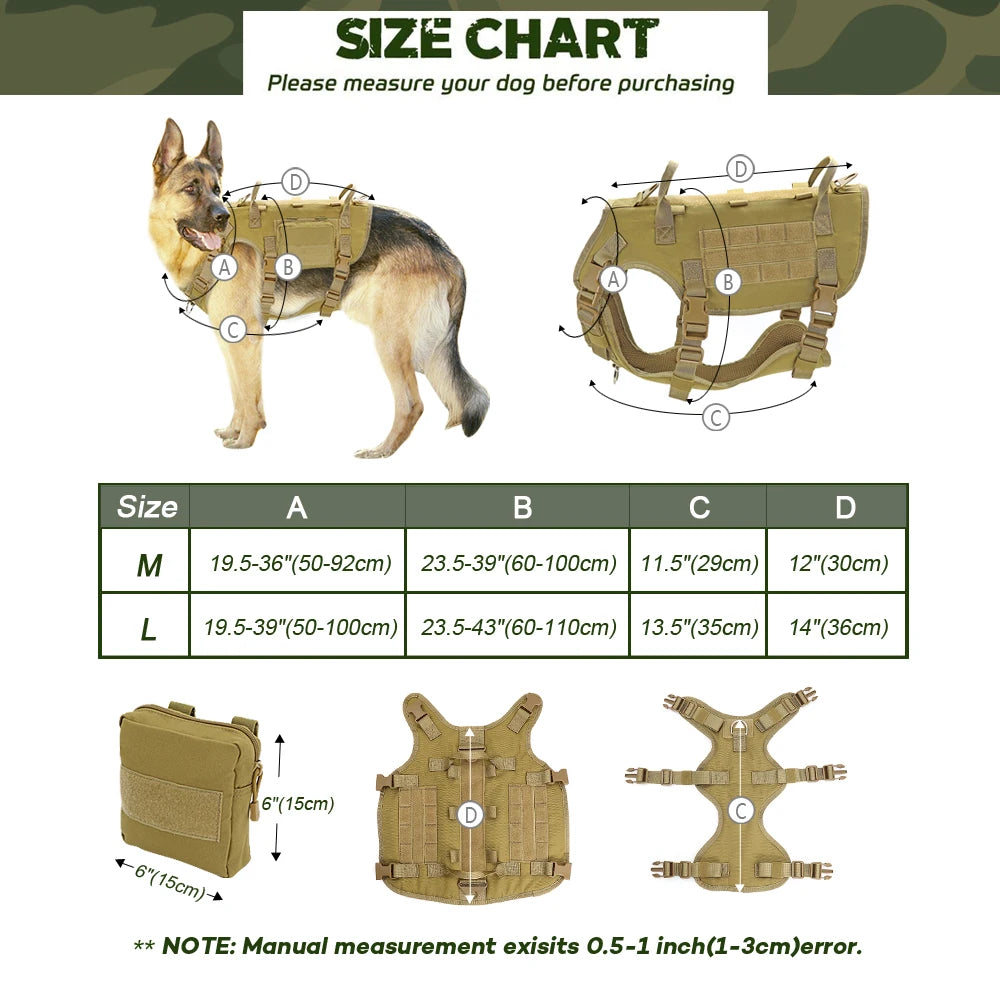 Dog Tactical Harness MOLLE Vest – Adjustable Military Training Harness with 2 Detachable Pouches for Medium & Large Dogs