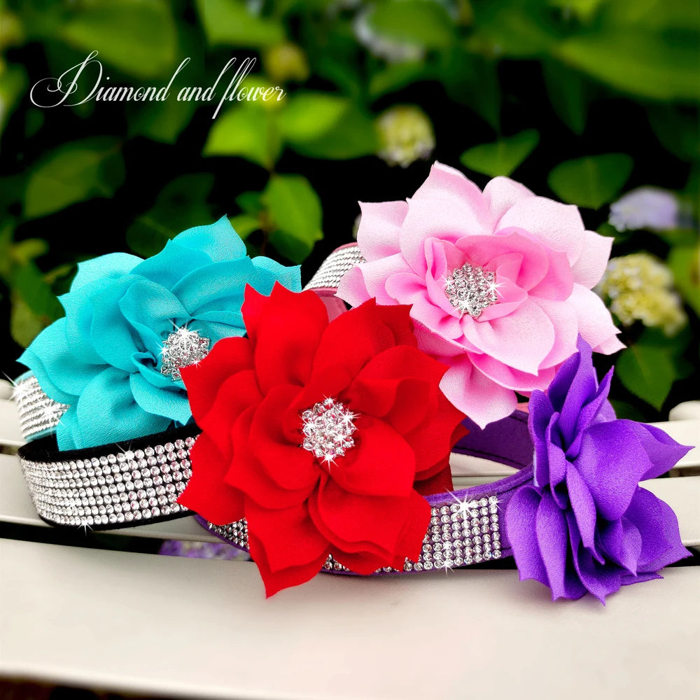 Bling Rhinestone Dog Collar with Flower – Sparkly Crystal Puppy & Cat Necklace for Chihuahua, Yorkie, Poodle