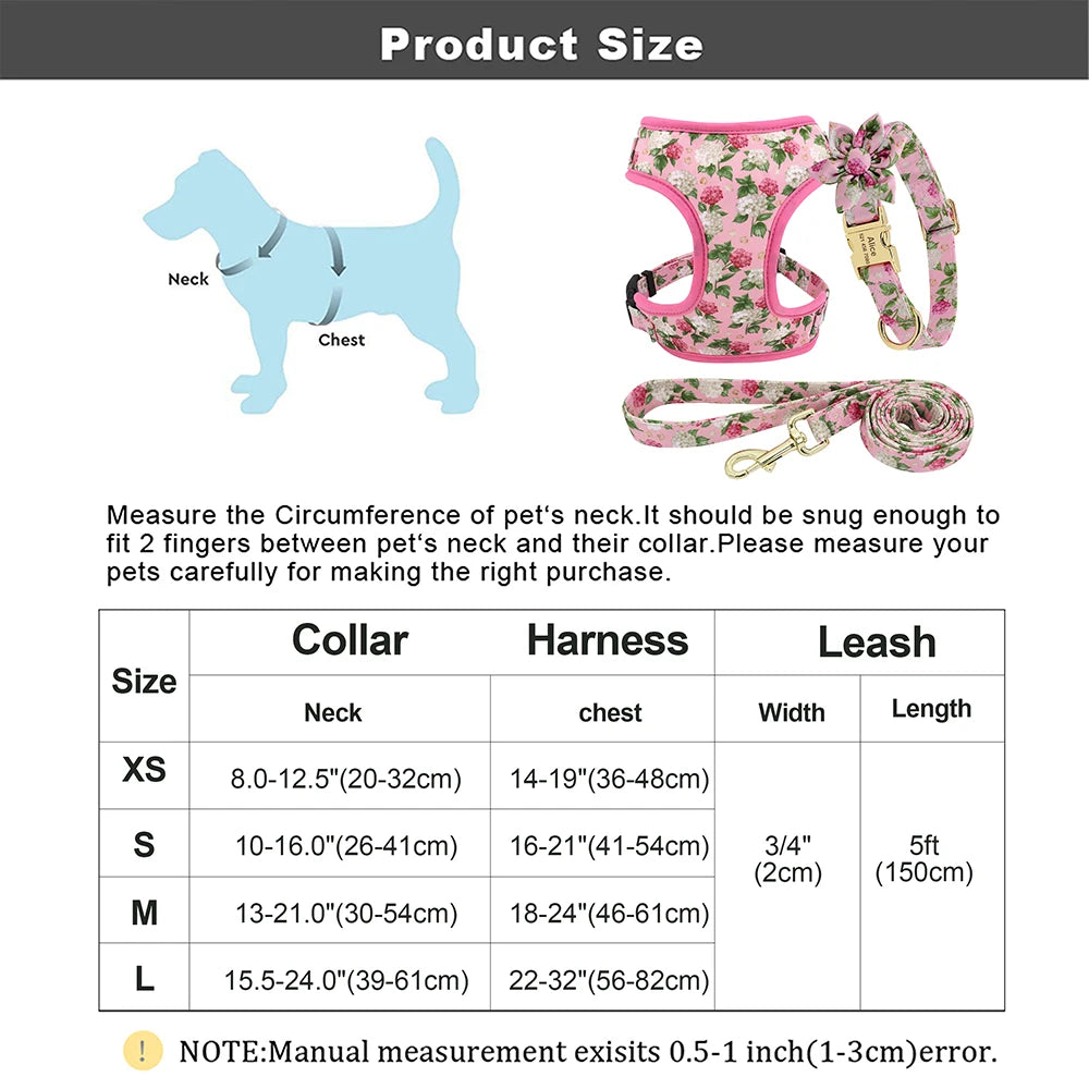 Adjustable Nylon Mesh Dog Harness Leash Set – Cute Printed Vest & Collar for Small & Medium Dogs & Cats (French Bulldog, Chihuahua, Yorkie, Puppy)