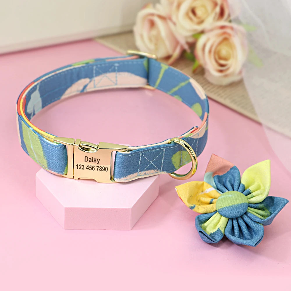 Personalized Dog Collar with Flower Print – Custom Engraved Nameplate | Adjustable Nylon Pet ID Collar for Small, Medium & Large Dogs