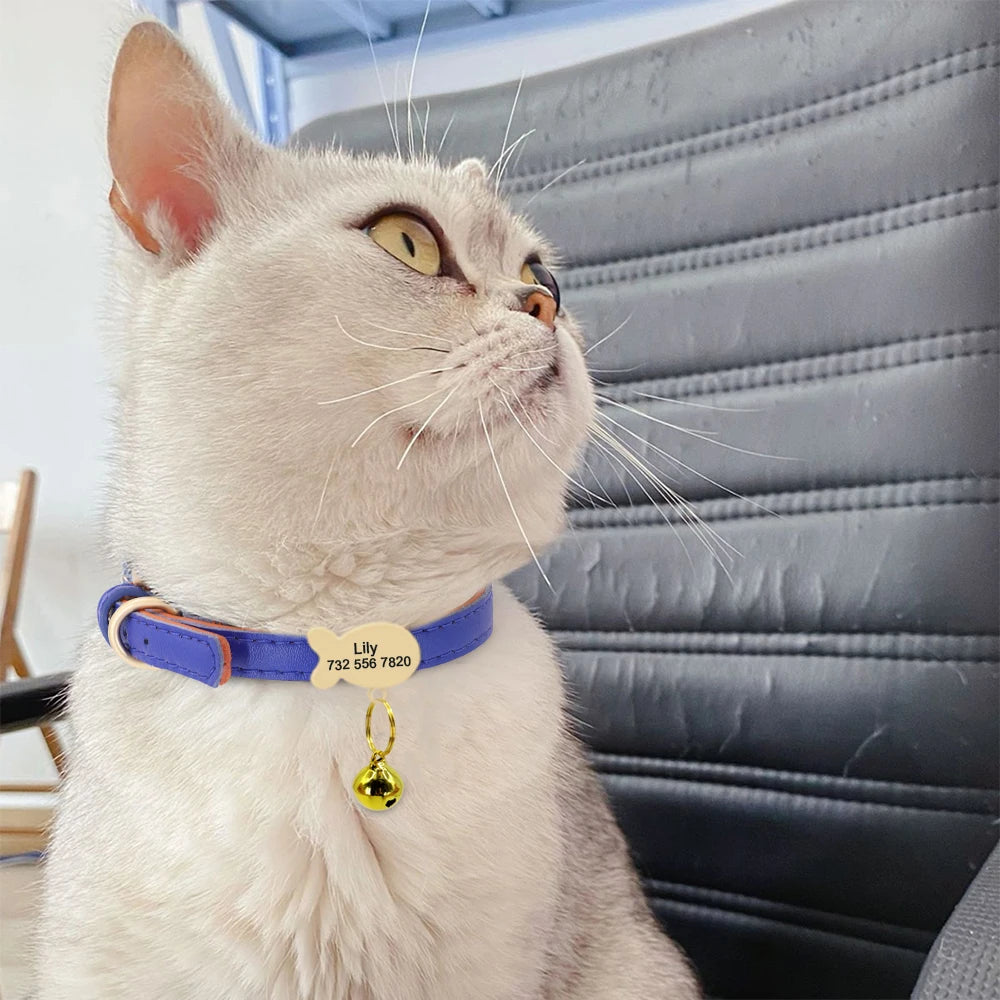 Personalized Leather Cat Collar – Custom Engraved Nameplate with Bell – Adjustable for Kittens, Cats & Small Dogs