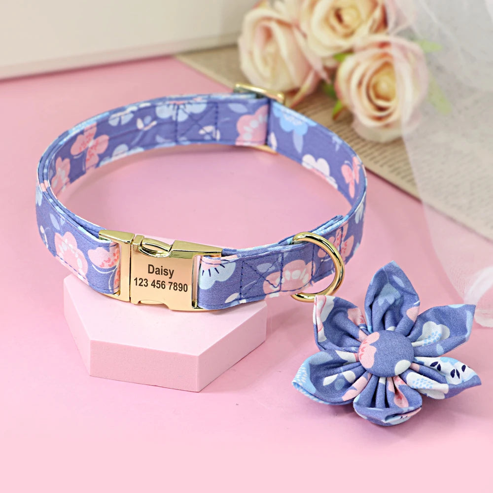 Personalized Dog Collar with Flower Print – Custom Engraved Nameplate | Adjustable Nylon Pet ID Collar for Small, Medium & Large Dogs