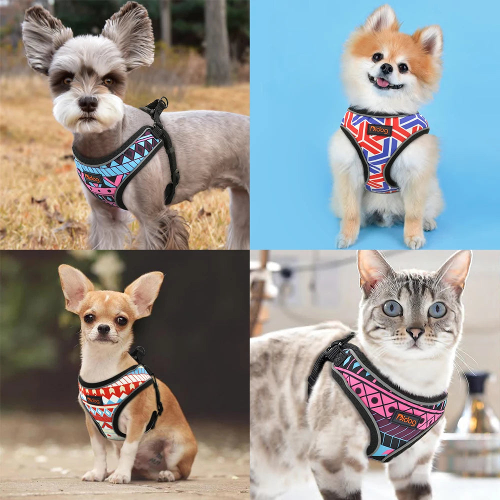 Nylon Reflective Dog & Cat Harness – Adjustable Printed Vest for Small & Medium Pets, Safe Walking Harness