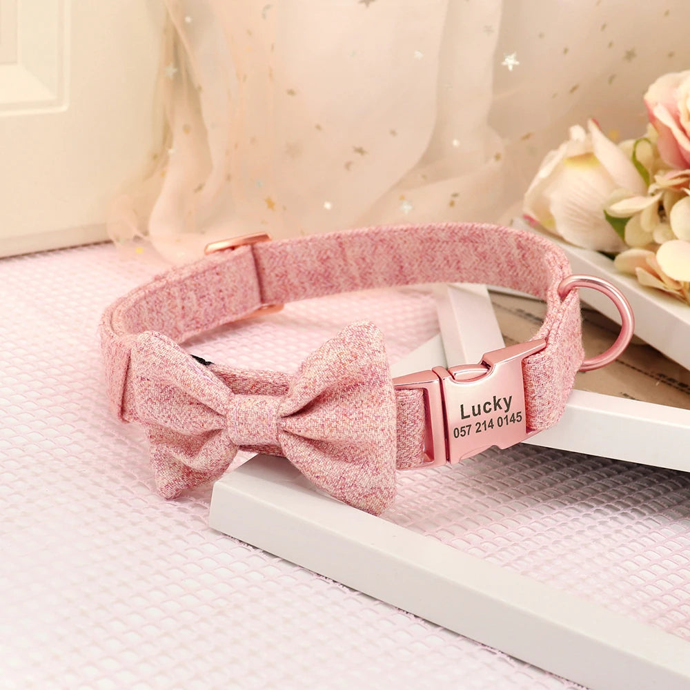 Custom Bowtie Dog Collar – Personalized Floral ID Tag with Engraved Name & Phone Number