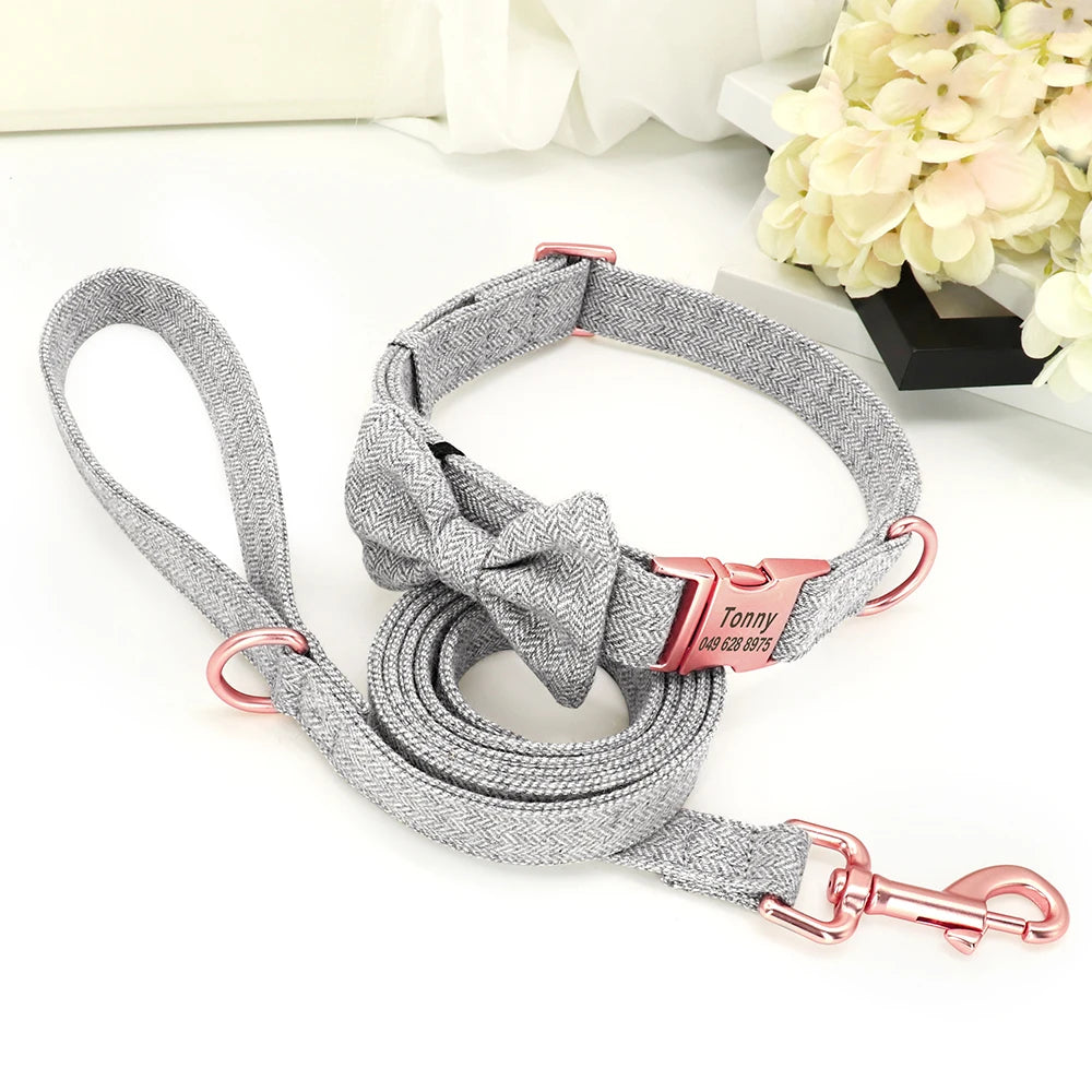 Customized Dog Collar & Leash Set – Personalized Pet Collars with Bowtie & Free Engraving