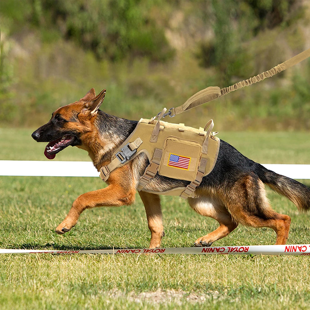 Tactical Military Dog Harness, Collar & Leash Set – Durable MOLLE Training Vest with Pouches & Flag for Large Dogs