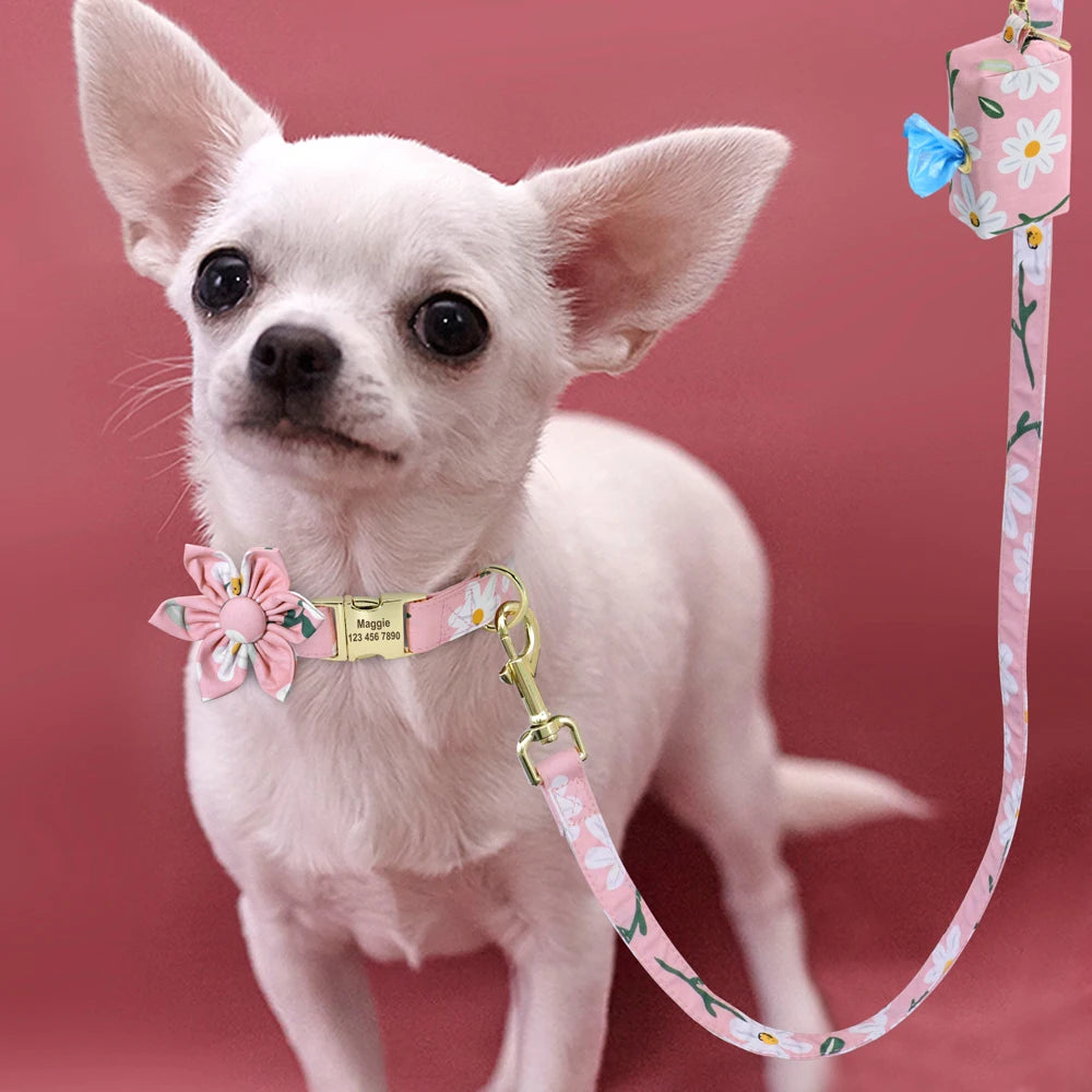 Personalized Floral Dog Collar Set – Collar + Leash + Poop Bag