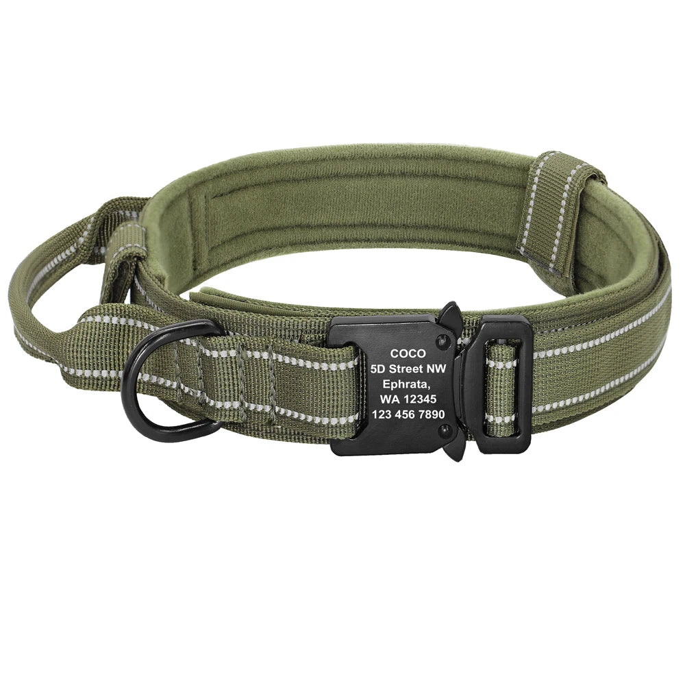 Personalized Military Tactical Dog Collar – Custom Engraved Nylon Training Collar with Handle for Medium & Large Dogs
