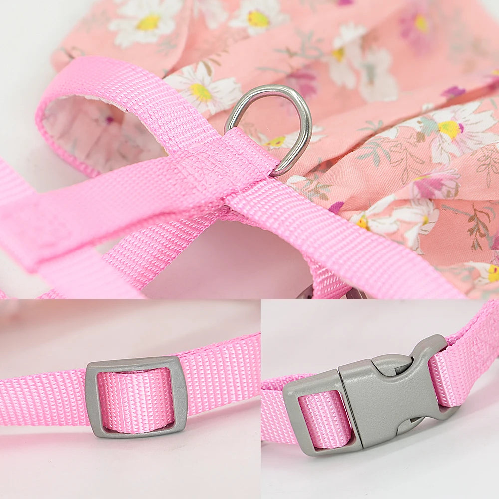 Floral Printed Dog & Cat Harness Dress – Adjustable Vest with Matching Leash for Small & Medium Pets