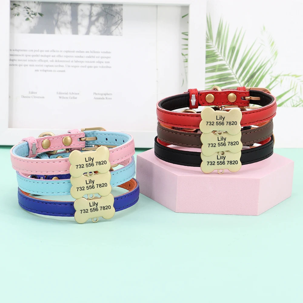 Personalized Leather Cat Collar – Custom Engraved Nameplate with Bell – Adjustable for Kittens, Cats & Small Dogs