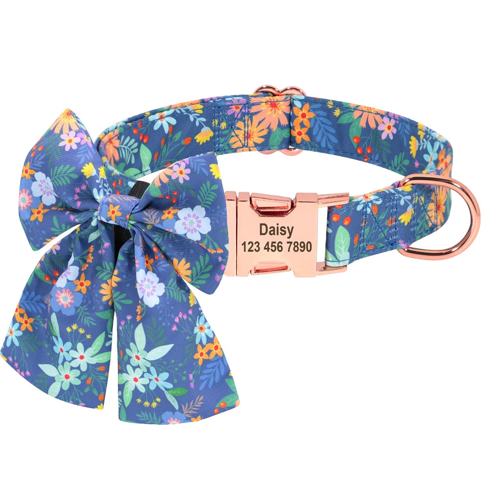 Personalized Puppy Dog Cat Collar with Bowknot – Custom Engraved Nameplate
