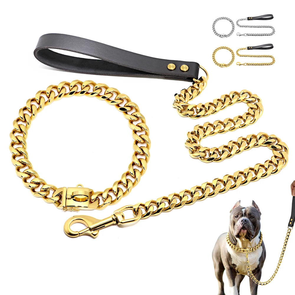 Stainless Steel Dog Chain Collar & Leash Set – Heavy Duty Training Collar for Medium & Large Dogs