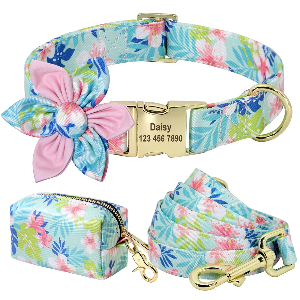 Personalized Floral Dog Collar Set – Collar + Leash + Poop Bag
