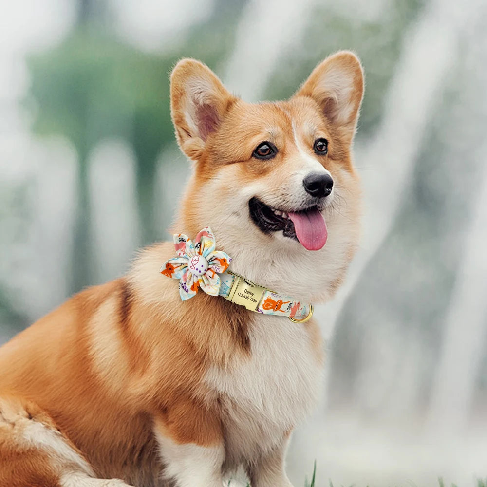 Personalized Dog Collar with Flower Print – Custom Engraved Nameplate | Adjustable Nylon Pet ID Collar for Small, Medium & Large Dogs