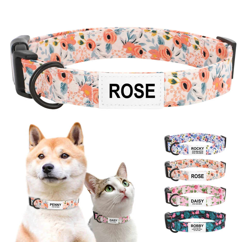 Customized Nylon Dog Collar – Floral Printed Personalized ID Tag for Dogs & Cats