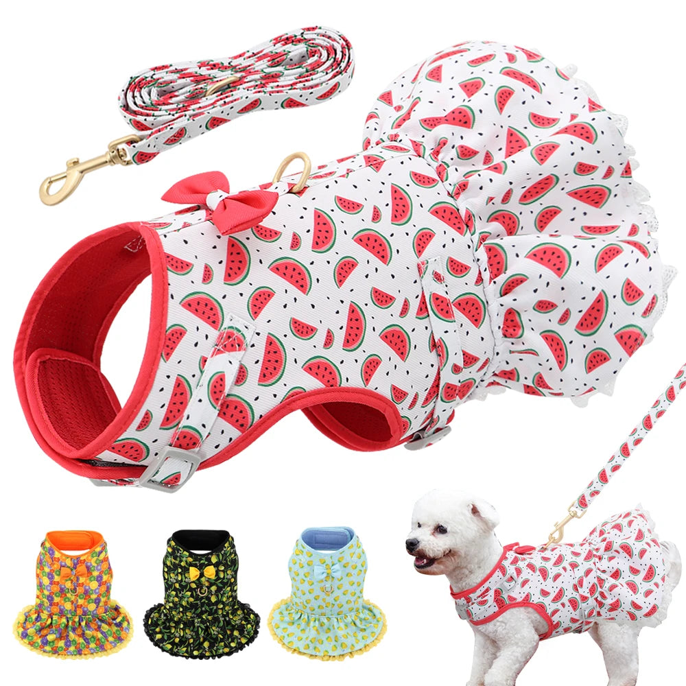 Cute Printed Dog & Cat Harness Leash Set – Summer Pet Dress Vest for Small Dogs & Cats (Chihuahua, Yorkie, Pug, French Bulldog)