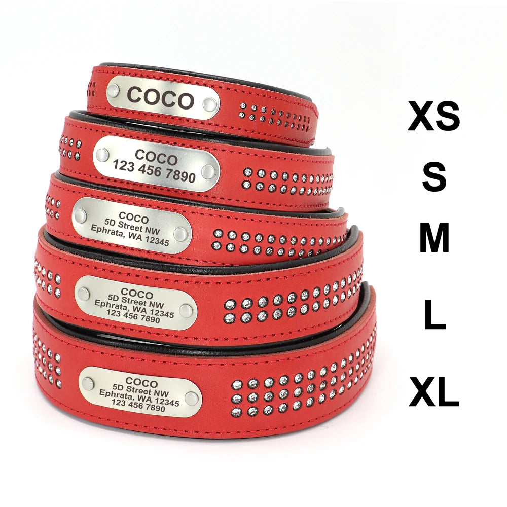 Personalized Dog Collar with Rhinestones – Custom Engraved Leather Pet ID Collar | Adjustable for Small, Medium & Large Dogs