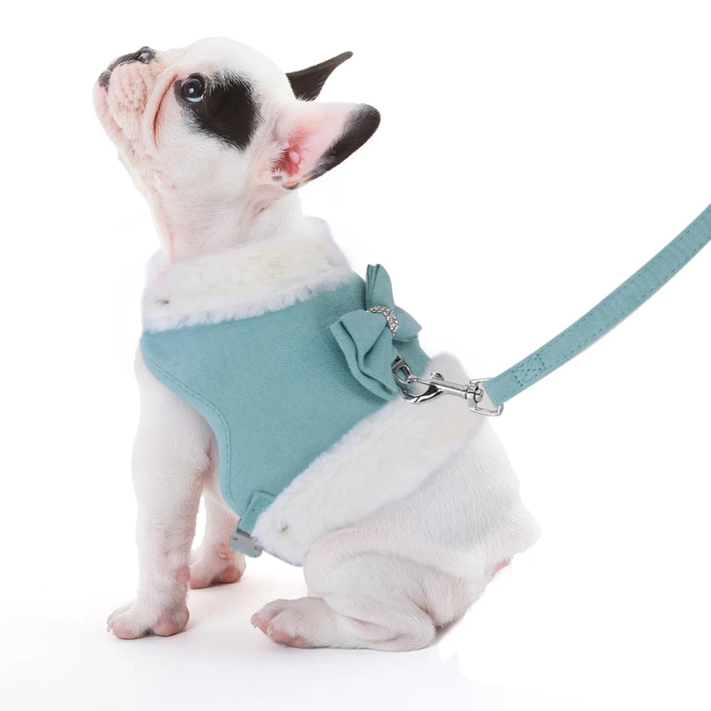 Warm Fur Dog Harness and Leash Set Rhinestone Bowknot Pet Vest Winter Pets Puppy Clothes Vest Small Dog Clothing French Bulldog