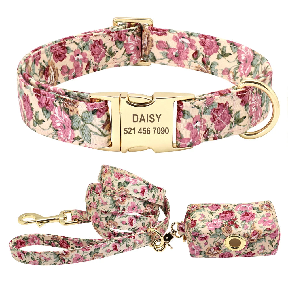 Personalized Printed Dog Collar Leash Set - Custom Nylon Collar & Leash with Free Engraved Nameplate for Small, Medium, and Large Dogs