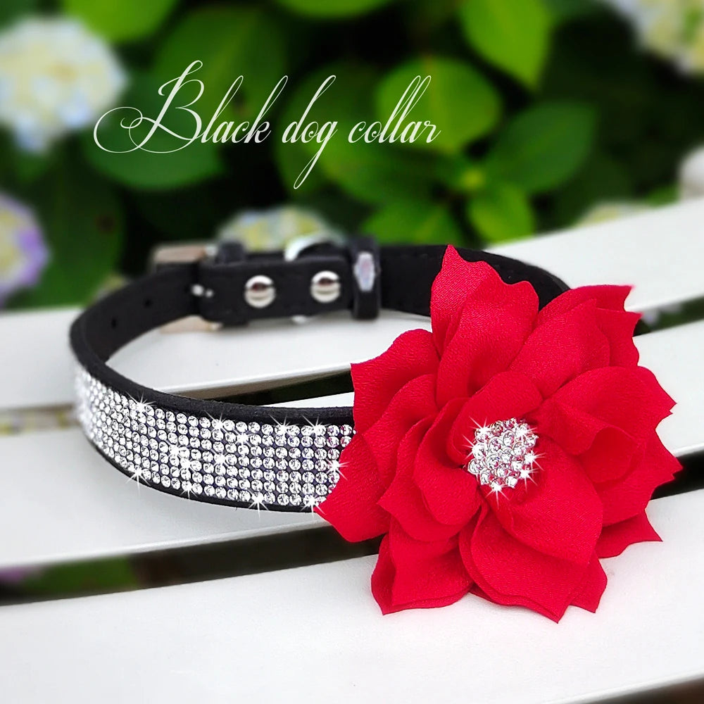 Bling Rhinestone Dog Collar with Flower – Sparkly Crystal Puppy & Cat Necklace for Chihuahua, Yorkie, Poodle
