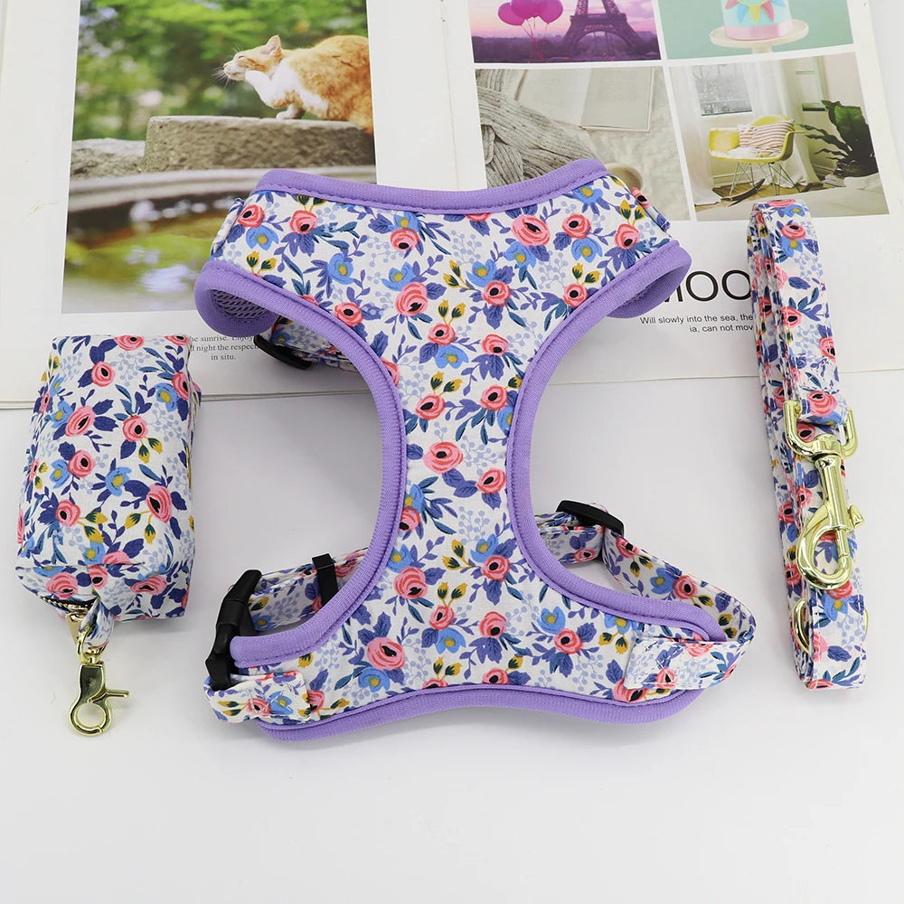 Adjustable Nylon Mesh Dog Harness Leash Set – Cute Printed Vest & Collar for Small & Medium Dogs & Cats (French Bulldog, Chihuahua, Yorkie, Puppy)