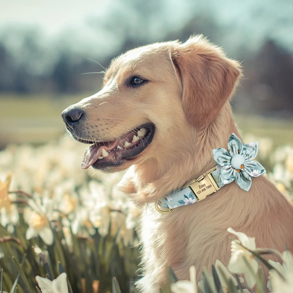 Personalized Dog Collar with Flower Print – Custom Engraved Nameplate | Adjustable Nylon Pet ID Collar for Small, Medium & Large Dogs
