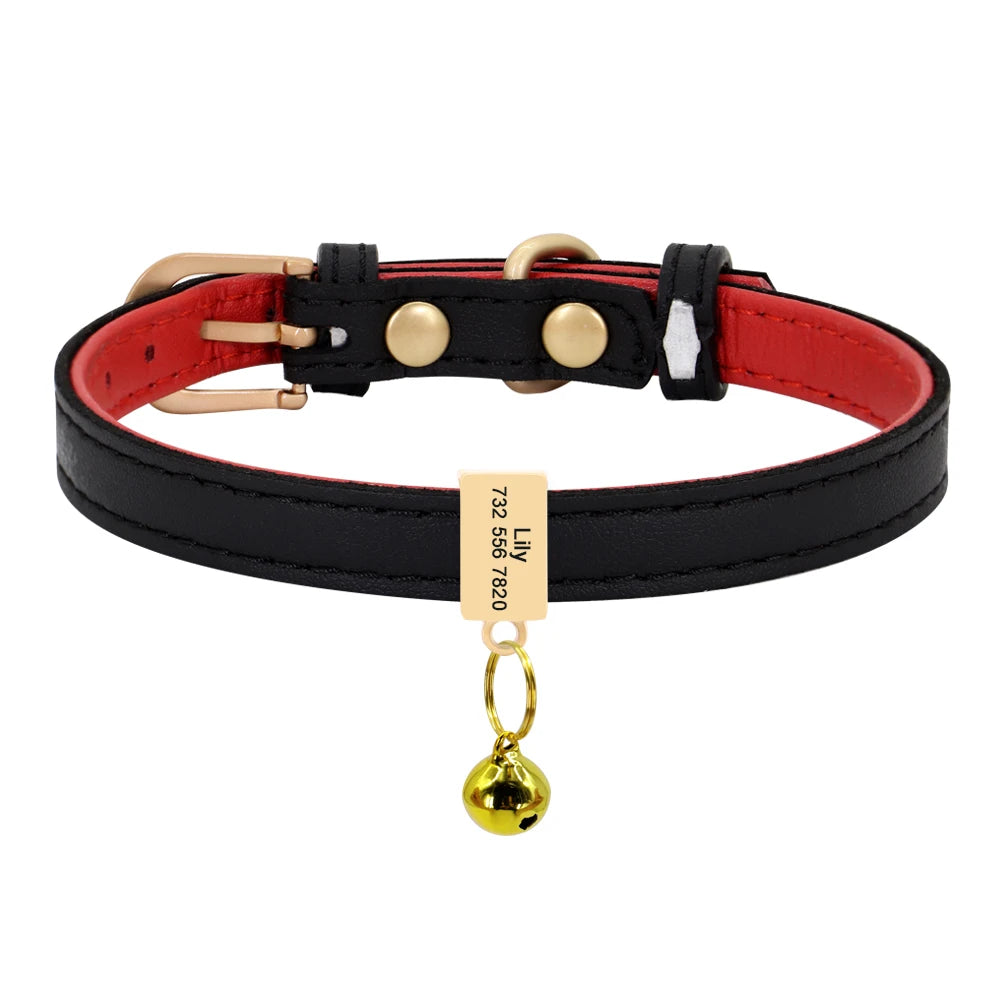 Personalized Leather Cat Collar – Custom Engraved Nameplate with Bell – Adjustable for Kittens, Cats & Small Dogs