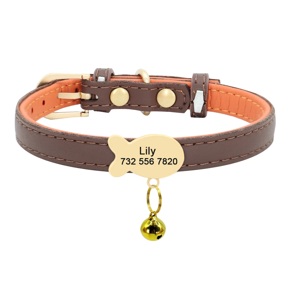 Personalized Leather Cat Collar – Custom Engraved Nameplate with Bell – Adjustable for Kittens, Cats & Small Dogs