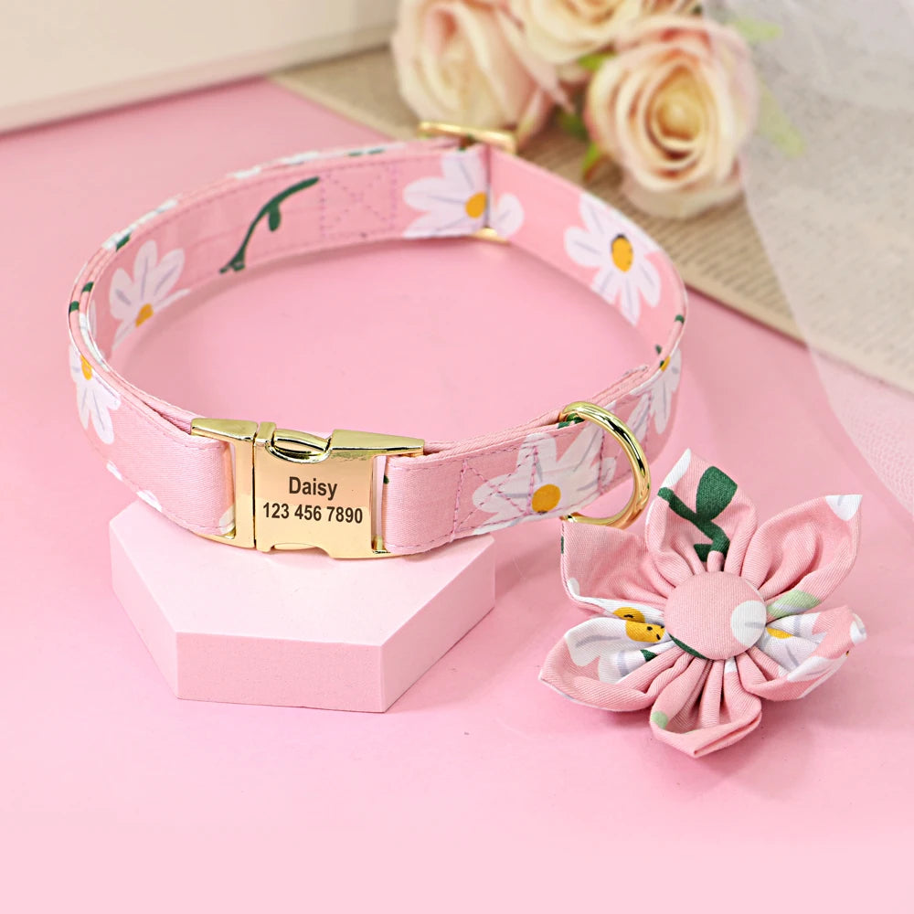 Personalized Dog Collar with Flower Print – Custom Engraved Nameplate | Adjustable Nylon Pet ID Collar for Small, Medium & Large Dogs