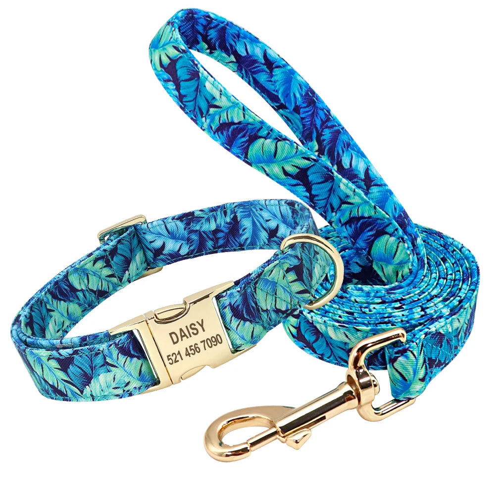 Personalized Printed Dog Collar Leash Set - Custom Nylon Collar & Leash with Free Engraved Nameplate for Small, Medium, and Large Dogs