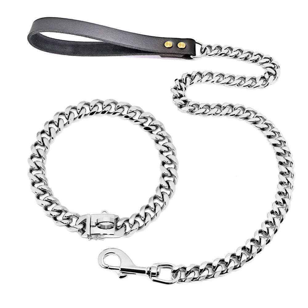 Stainless Steel Dog Chain Collar & Leash Set – Heavy Duty Training Collar for Medium & Large Dogs