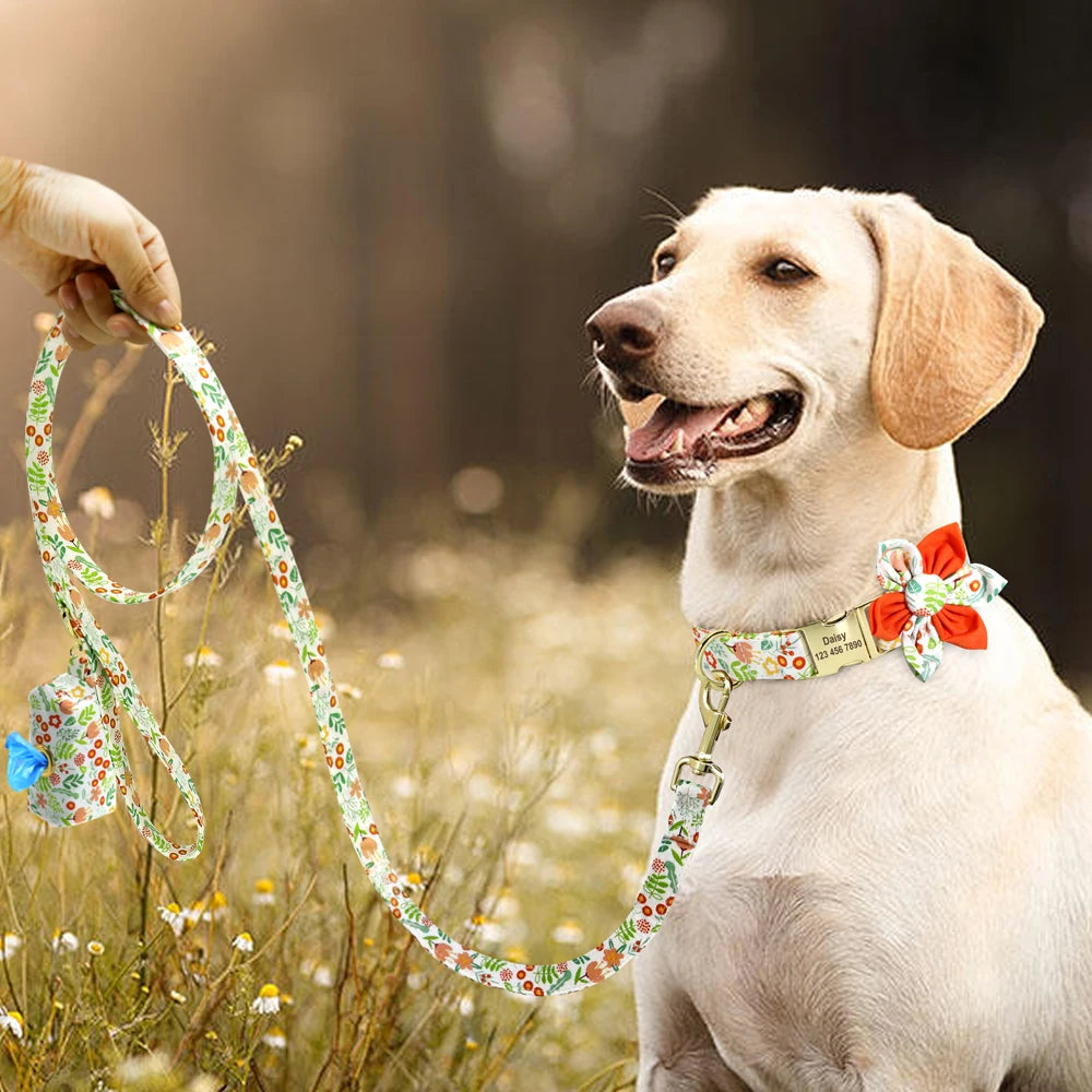 Personalized Floral Dog Collar Set – Collar + Leash + Poop Bag