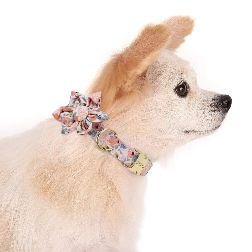 Personalized Dog Collar with Flower Print – Custom Engraved Nameplate | Adjustable Nylon Pet ID Collar for Small, Medium & Large Dogs