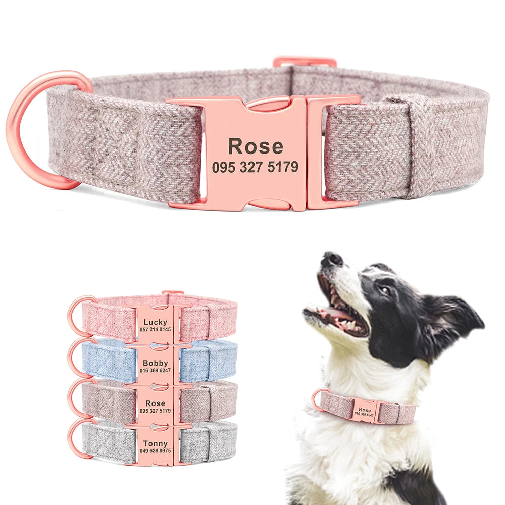 High Quality Personalized Dog Collar – Adjustable Cotton Collar with Custom Engraved ID Tag for Small, Medium & Large Dogs