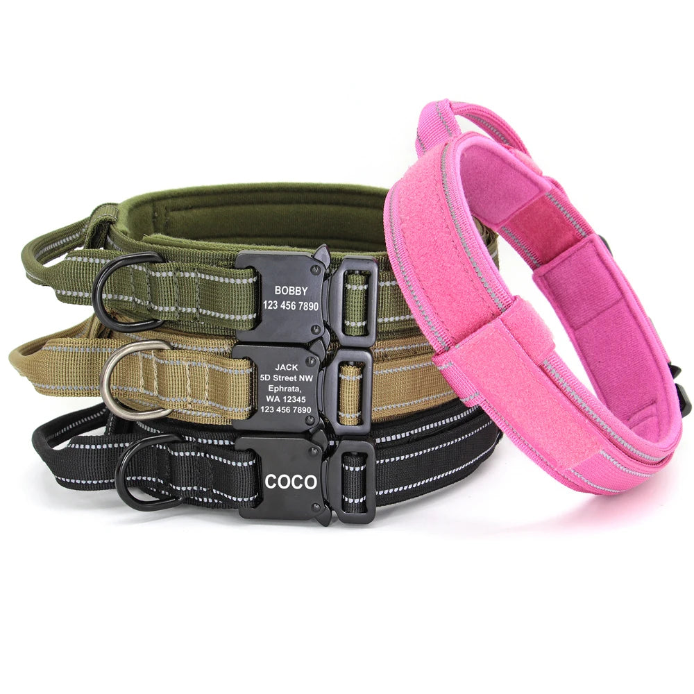 Personalized Military Tactical Dog Collar – Custom Engraved Nylon Training Collar with Handle for Medium & Large Dogs