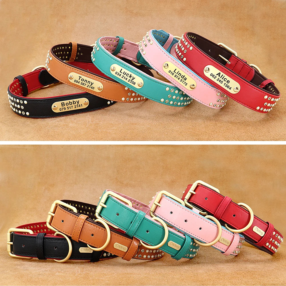 Personalized Dog Collar with Rhinestones – Custom Engraved Leather Pet ID Collar | Adjustable for Small, Medium & Large Dogs