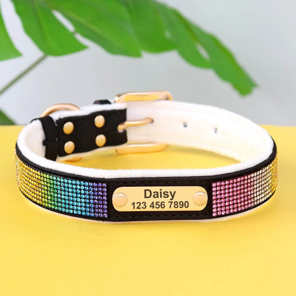 Personalized Dog Tag Collar – Bling Rhinestone Nylon Pet Collar with Soft Padded Lining, Free Engraving for Small Medium Dogs & Cats