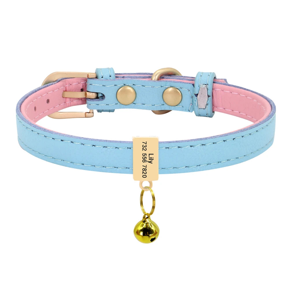 Personalized Leather Cat Collar – Custom Engraved Nameplate with Bell – Adjustable for Kittens, Cats & Small Dogs